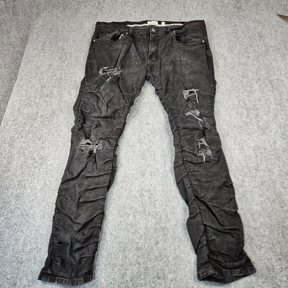 FWRD Denim Mens Black Distressed Stacked Skinny Jeans Ripped Streetwear 42x32